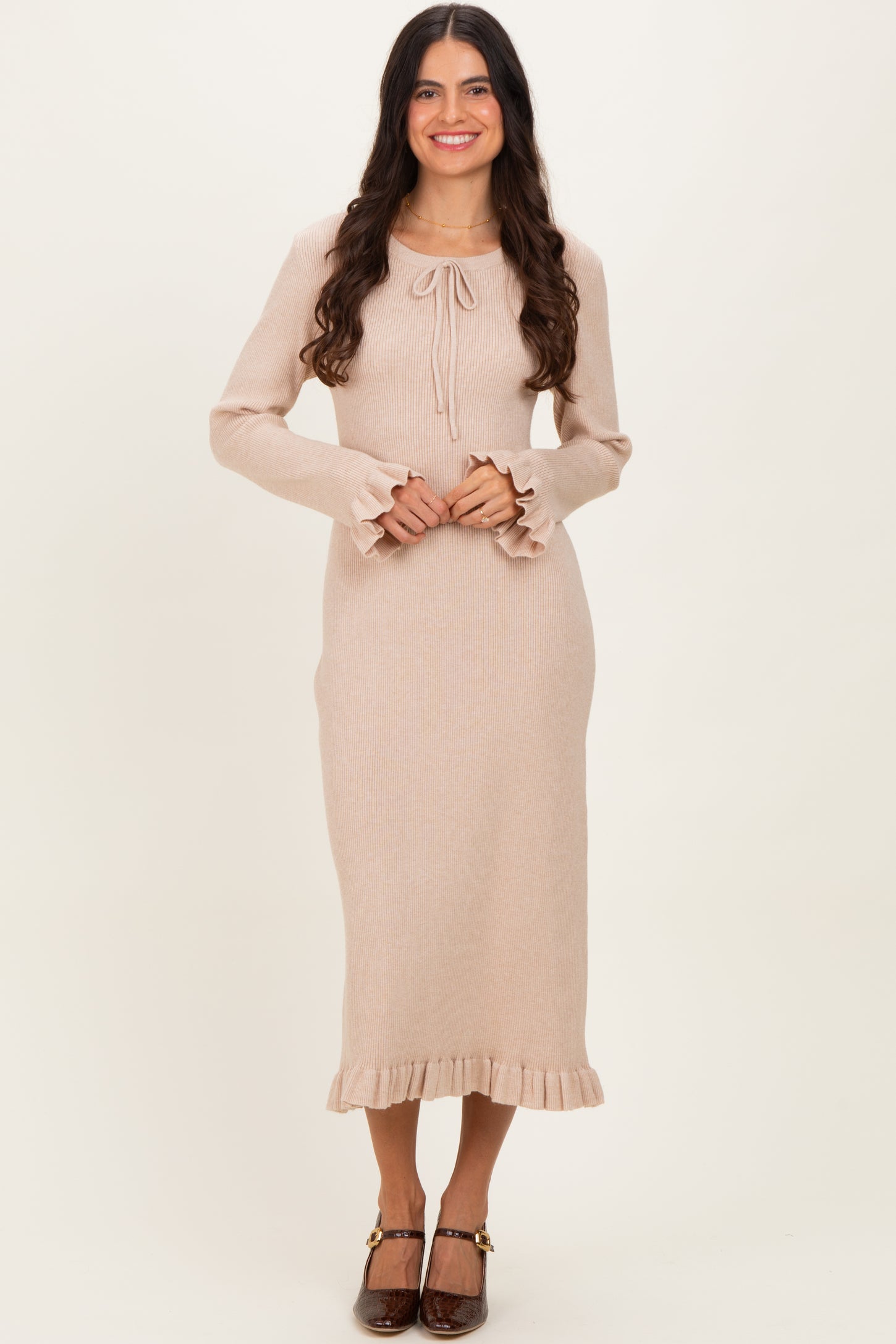 Beige Ribbed Knit Ruffle Trim Midi Sweater Dress Beige Ribbed Knit Ruffle Trim Midi Sweater Dress