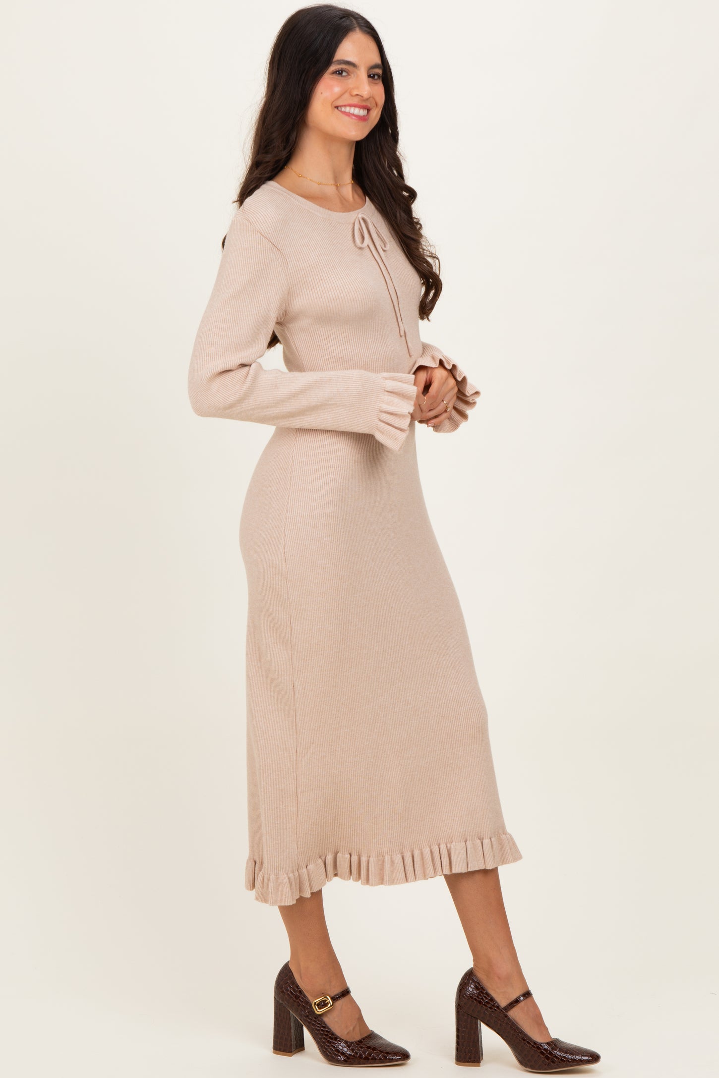 Beige Ribbed Knit Ruffle Trim Midi Sweater Dress – PinkBlush Beige Ribbed Knit Ruffle Trim Midi Sweater Dress – PinkBlush