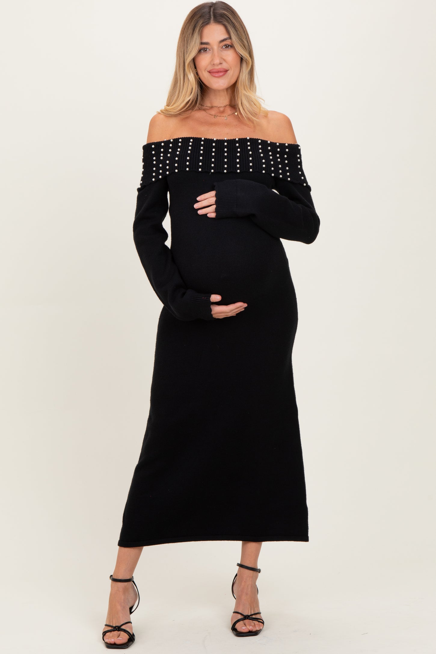 Black Faux Pearl Detail Off Shoulder Maternity Sweater Dress