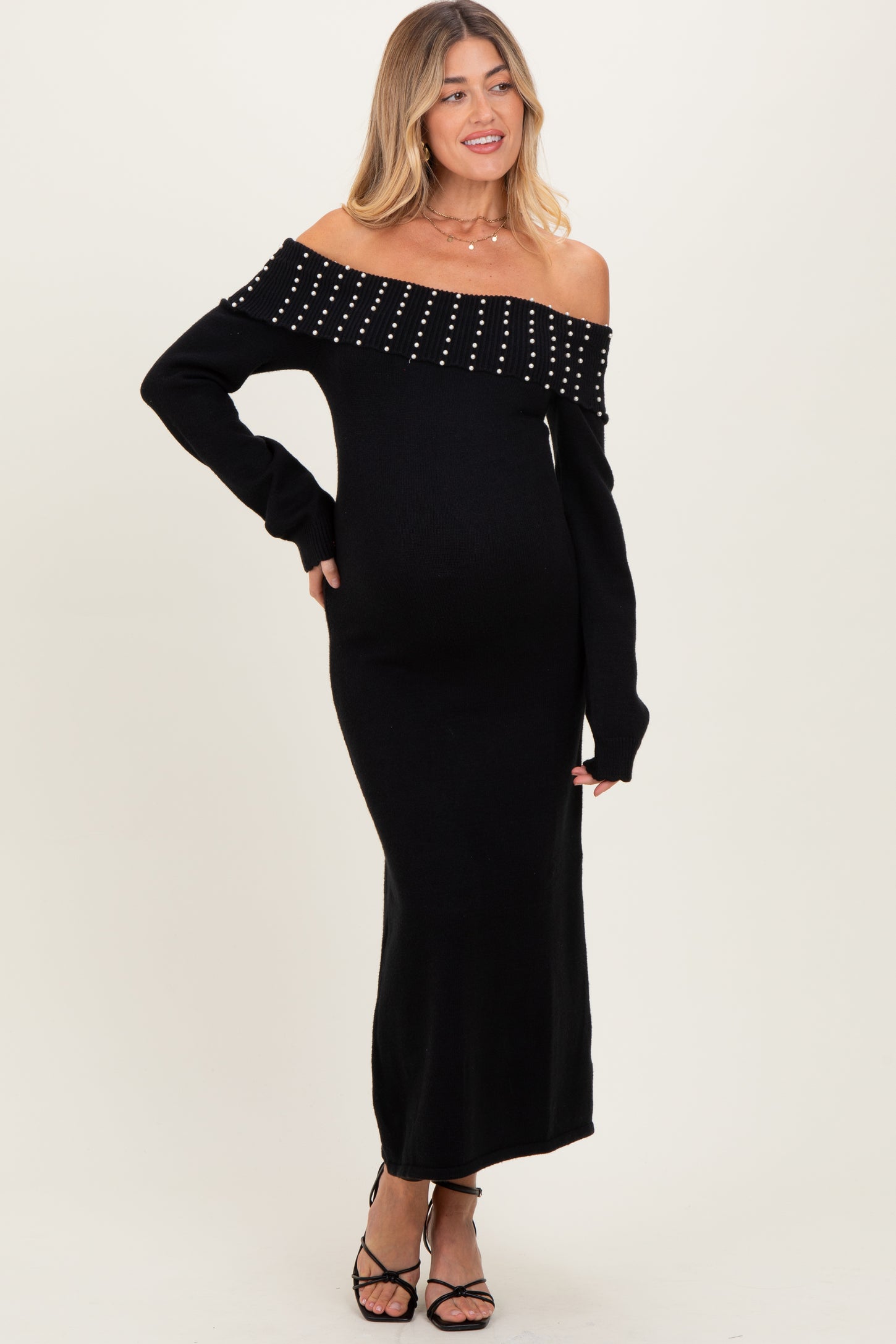 Black Faux Pearl Detail Off Shoulder Maternity Sweater Dress