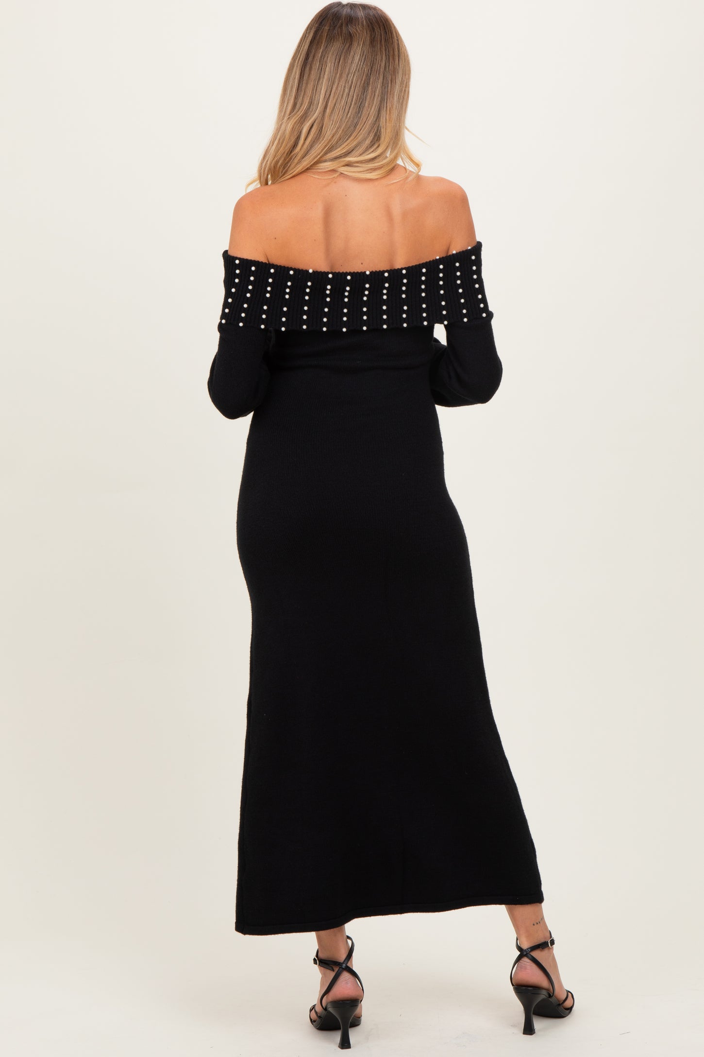 Black Faux Pearl Detail Off Shoulder Maternity Sweater Dress PinkBlush Black Faux Pearl Detail Off Shoulder Maternity Sweater Dress PinkBlush