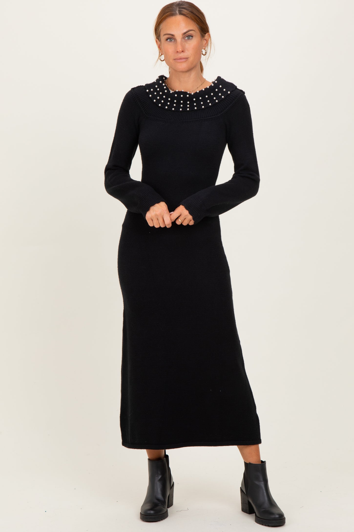 Black Faux Pearl Detail Off Shoulder Sweater Dress PinkBlush Black Faux Pearl Detail Off Shoulder Sweater Dress PinkBlush