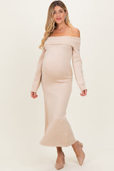 Beige Faux Pearl Detail Off Shoulder Maternity Sweater Dress