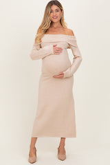 Beige Faux Pearl Detail Off Shoulder Maternity Sweater Dress
