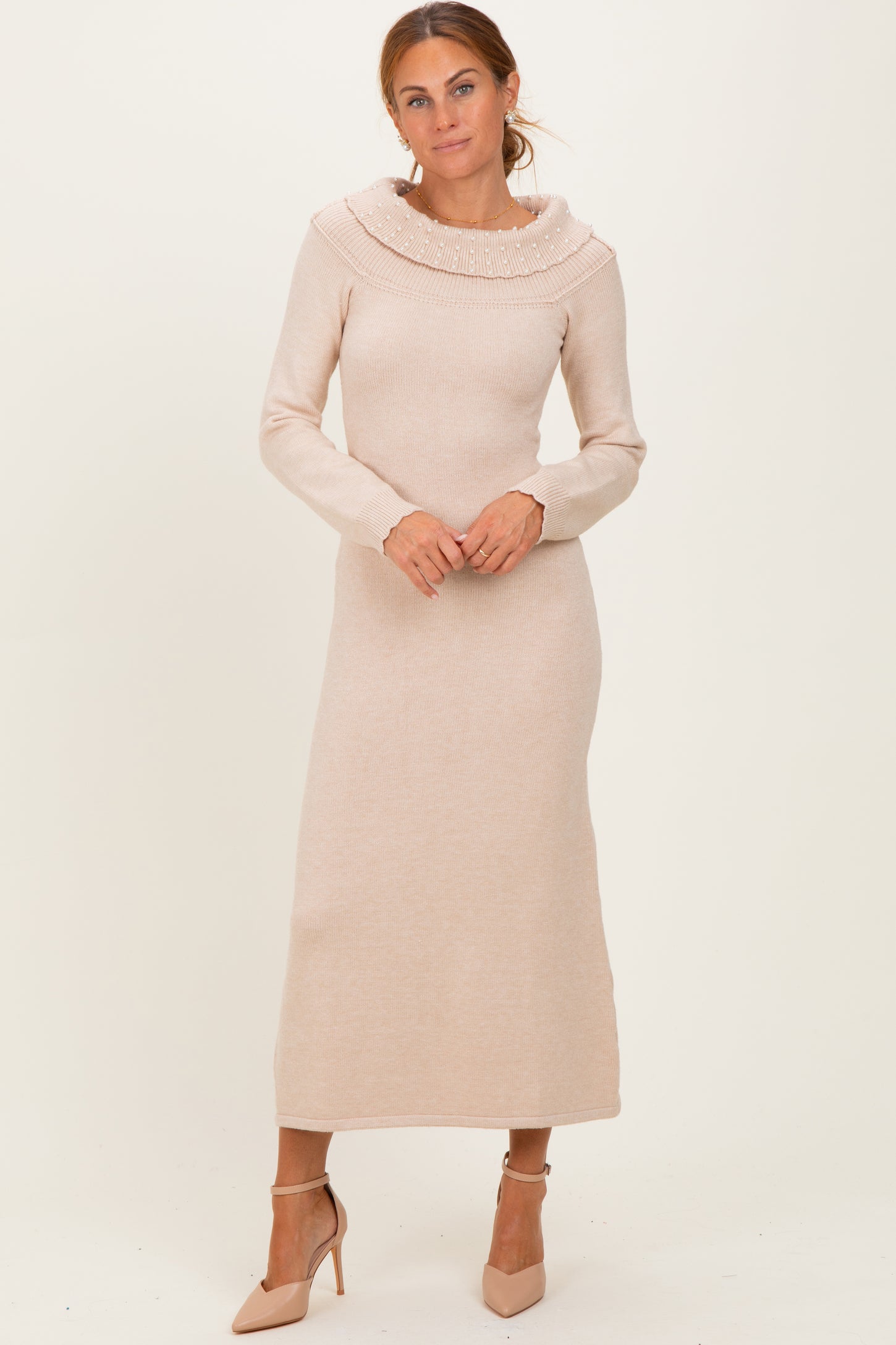 Beige Faux Pearl Detail Off Shoulder Sweater Dress