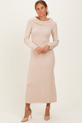 Beige Faux Pearl Detail Off Shoulder Sweater Dress