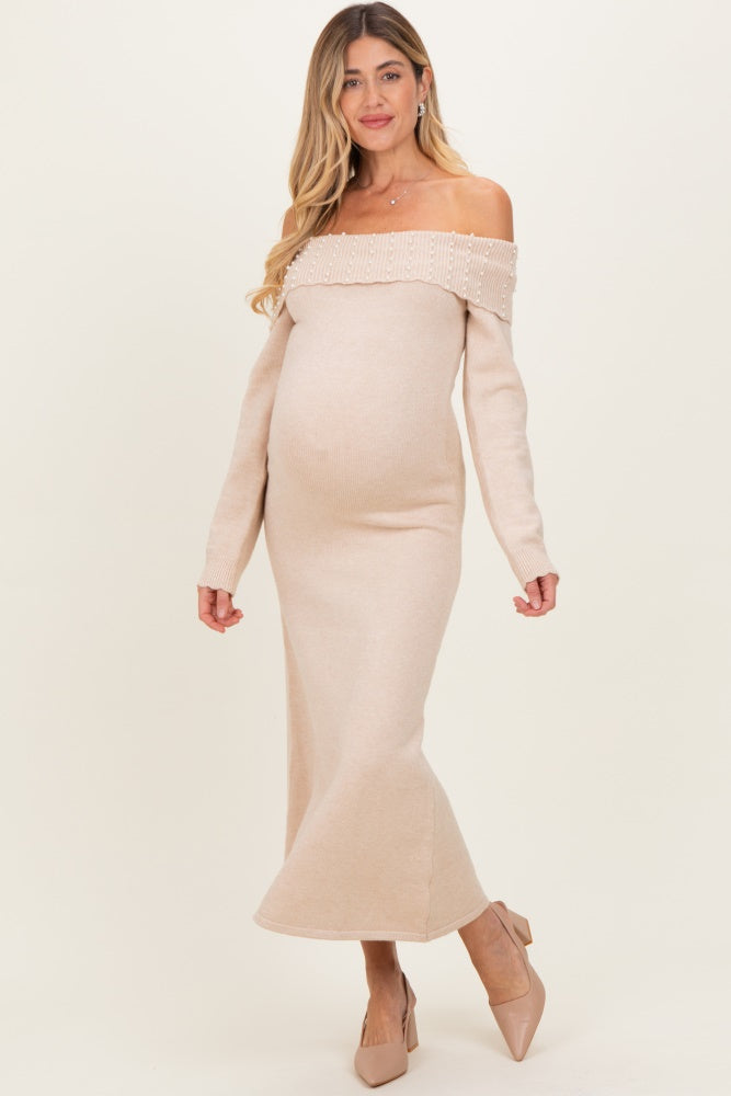 Beige Faux Pearl Detail Off Shoulder Maternity Sweater Dress