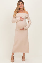 Beige Faux Pearl Detail Off Shoulder Maternity Sweater Dress