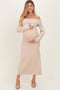 Beige Faux Pearl Detail Off Shoulder Maternity Sweater Dress