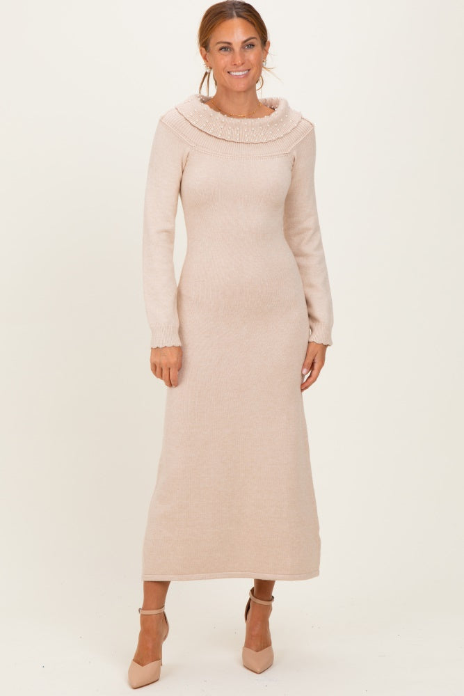 Beige Faux Pearl Detail Off Shoulder Maternity Sweater Dress