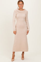 Beige Faux Pearl Detail Off Shoulder Maternity Sweater Dress