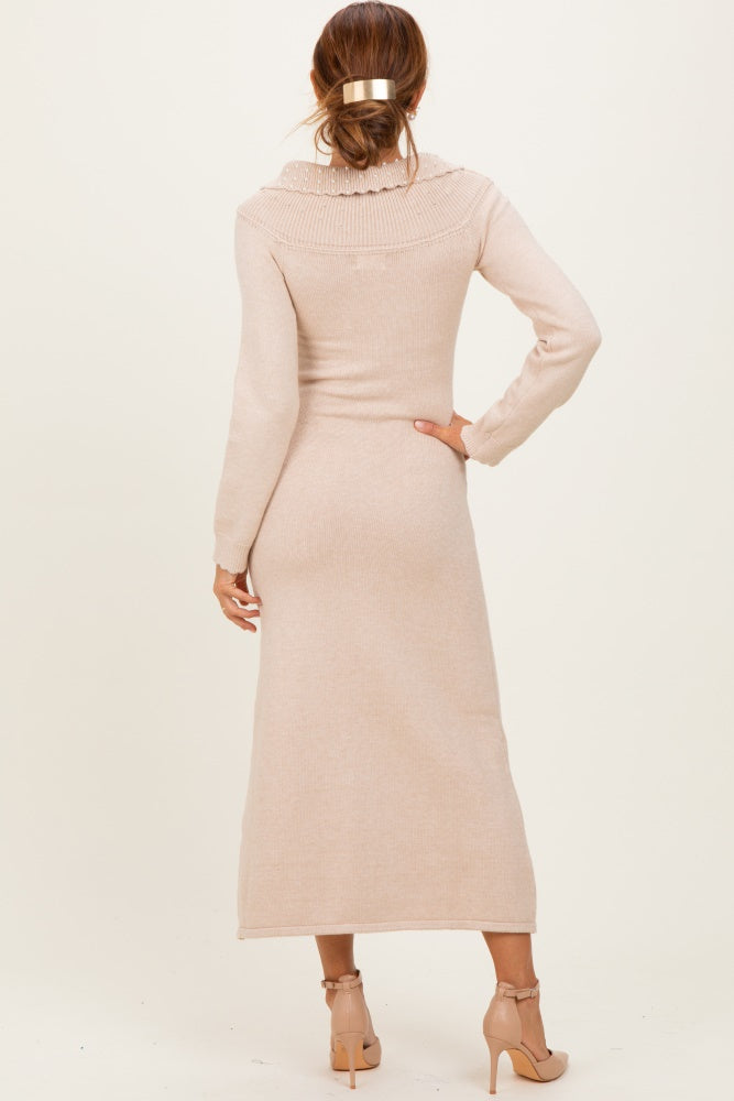 aphrodite midi dress beige Beige Faux Pearl Detail Off Shoulder Sweater Dress