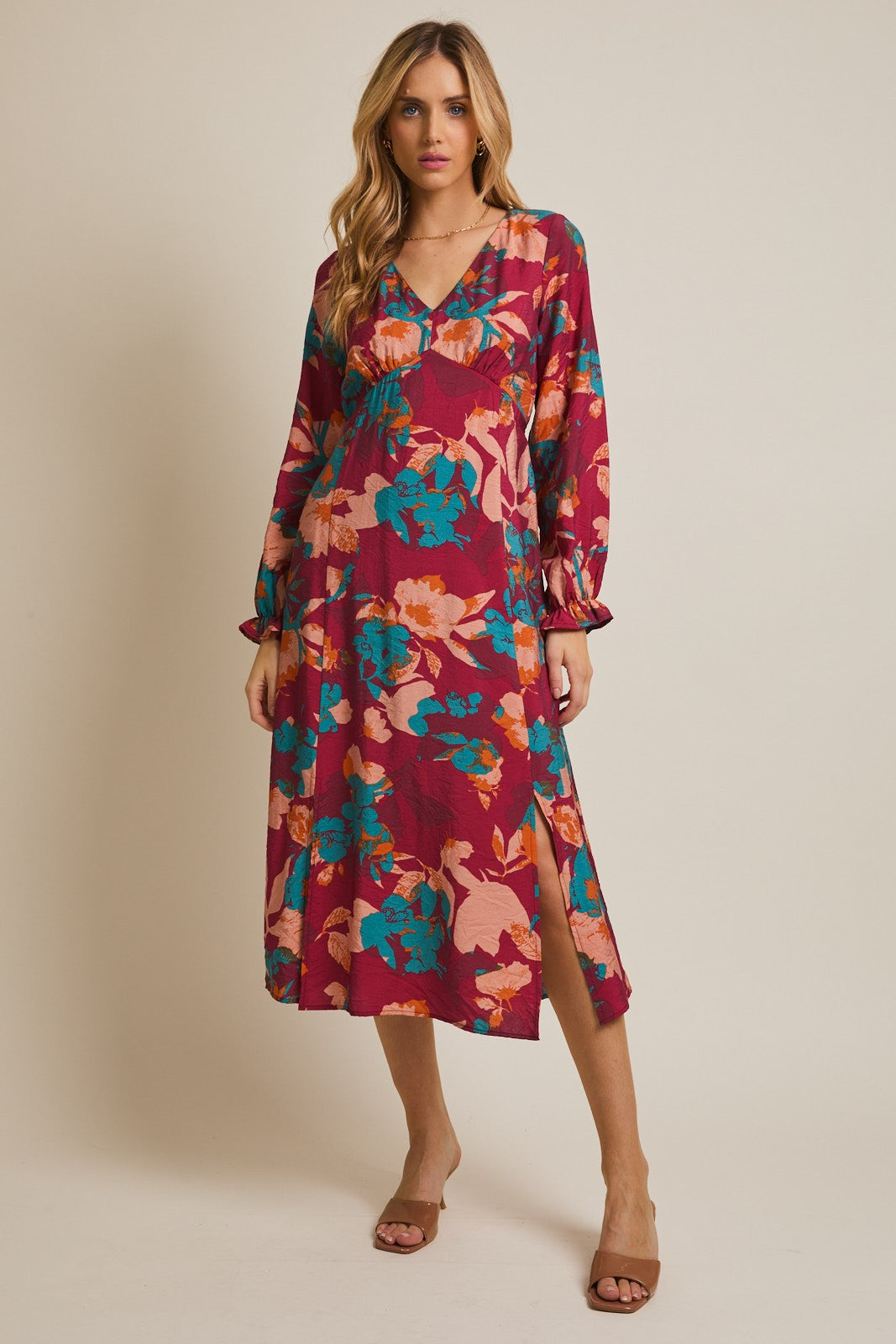 Burgundy Floral V-Neck Long Sleeve Maternity Dress
