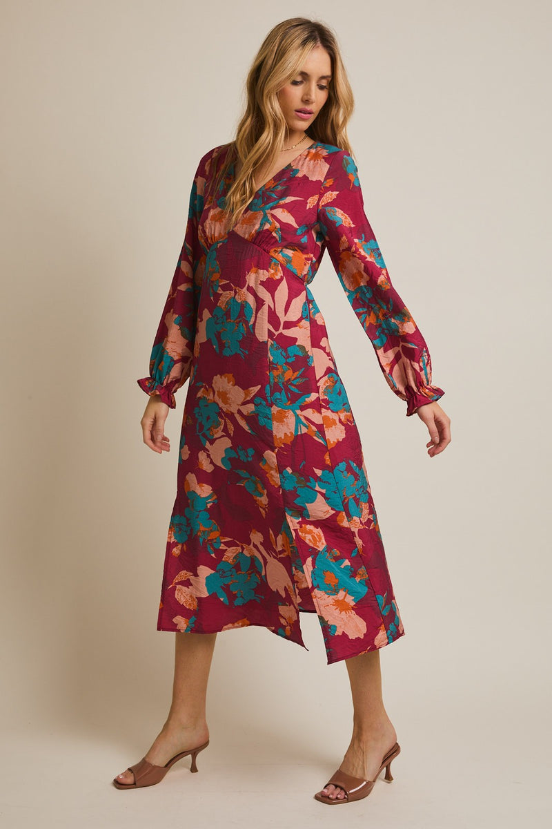 Burgundy Floral V-Neck Long Sleeve Dress  PinkBlush