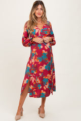 Burgundy Floral V-Neck Long Sleeve Maternity Dress