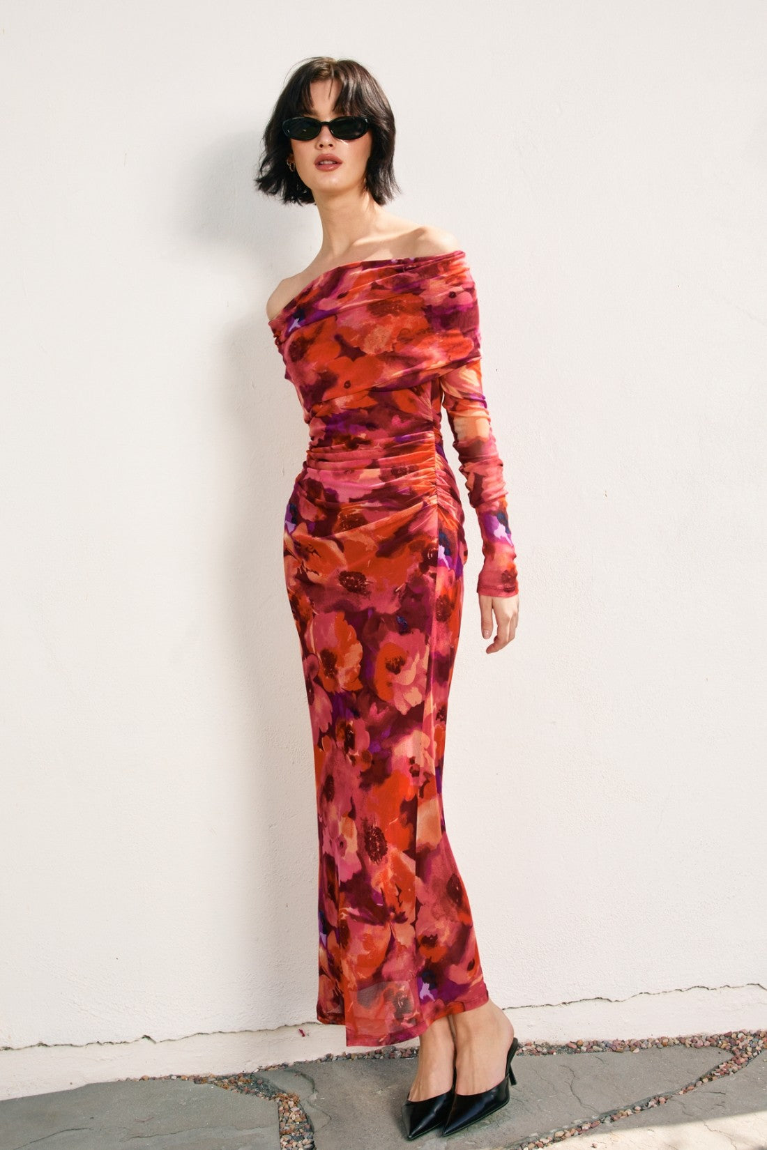 Red Floral Mesh Off Shoulder Long Sleeve Maxi Dress – PinkBlush