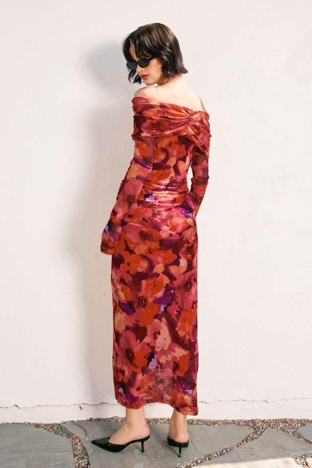 red floral long sleeve maxi dress Red Floral Chiffon Long Sleeve Maxi Dress