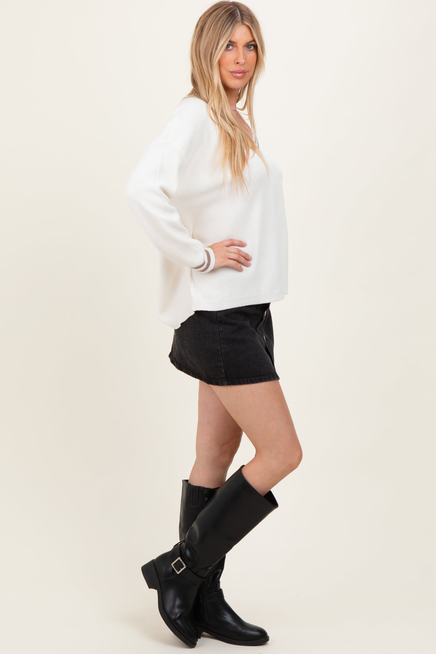 Ivory Deep V-Neck Border Stripe Sweater