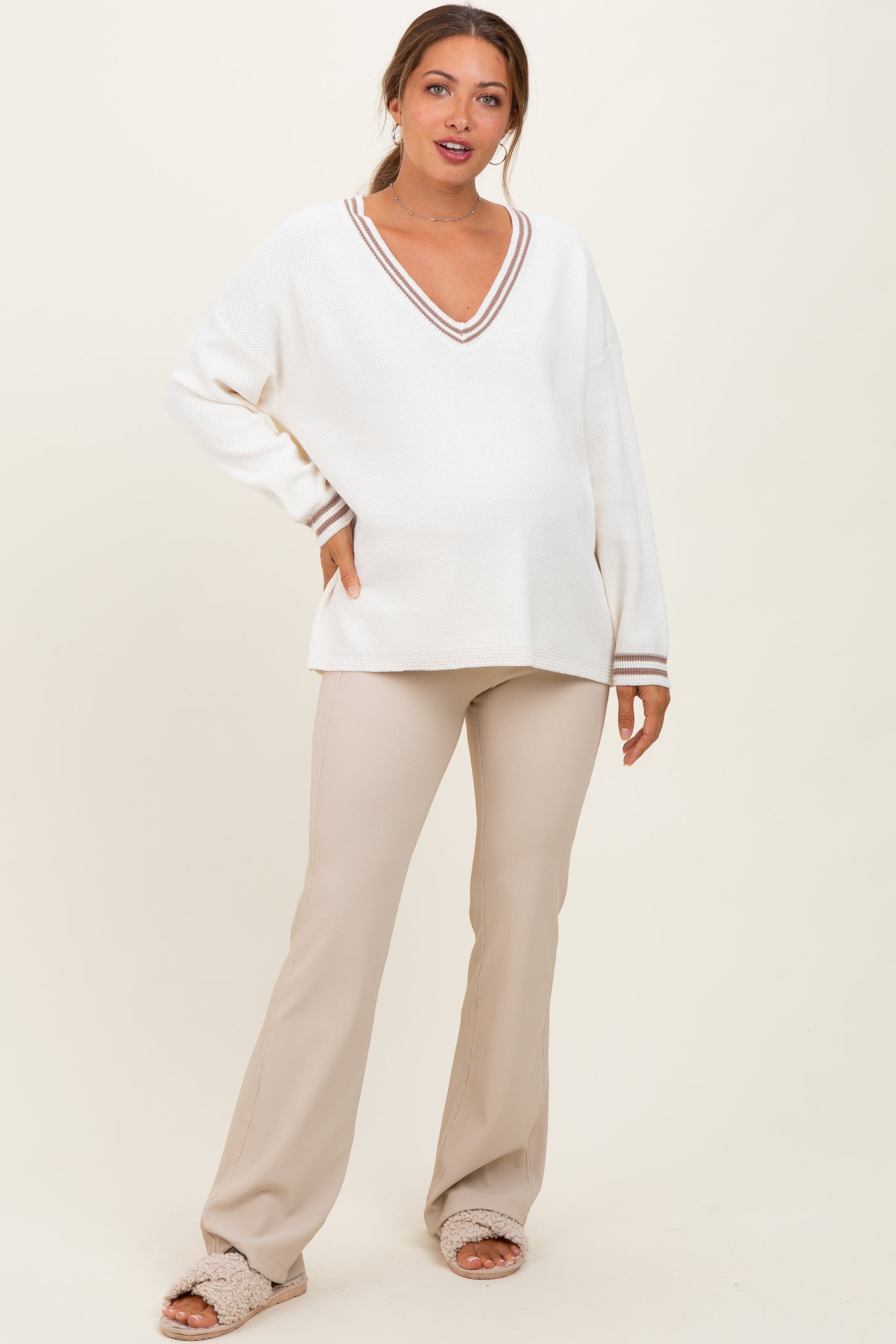 Ivory Deep V-Neck Border Stripe Maternity Sweater