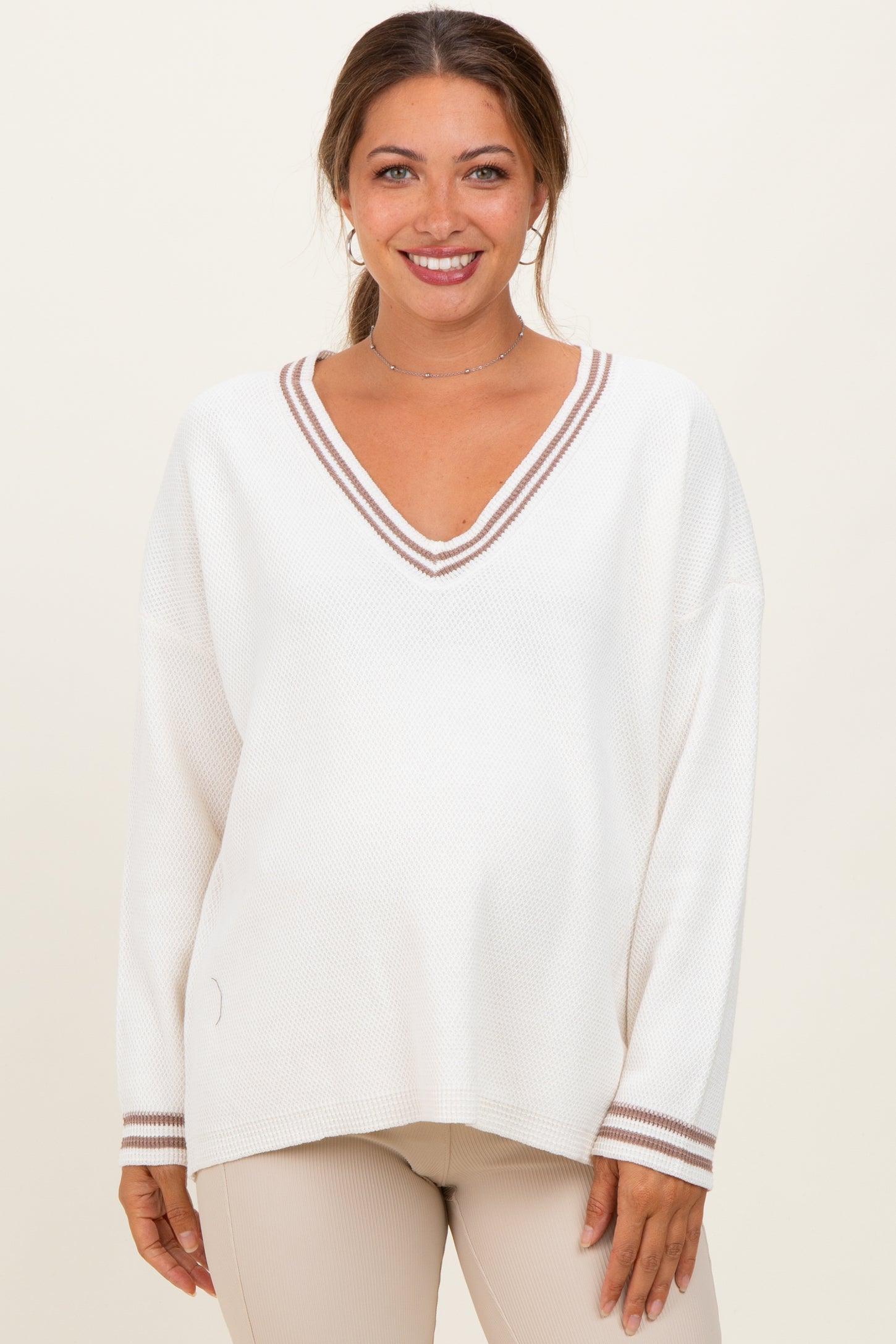 Ivory Deep V-Neck Border Stripe Maternity Sweater
