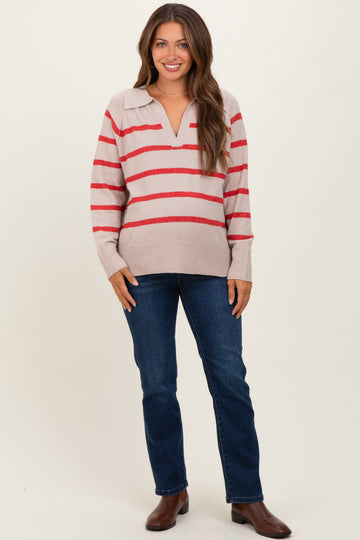 Beige Striped Oversized Polo Maternity Sweater