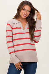 Beige Striped Oversized Polo Maternity Sweater