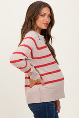 Beige Striped Oversized Polo Maternity Sweater
