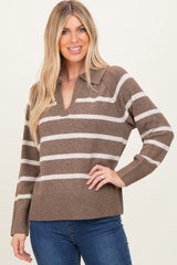 Brown Striped Oversized Polo Maternity Sweater