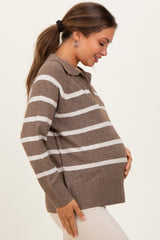Brown Striped Oversized Polo Maternity Sweater