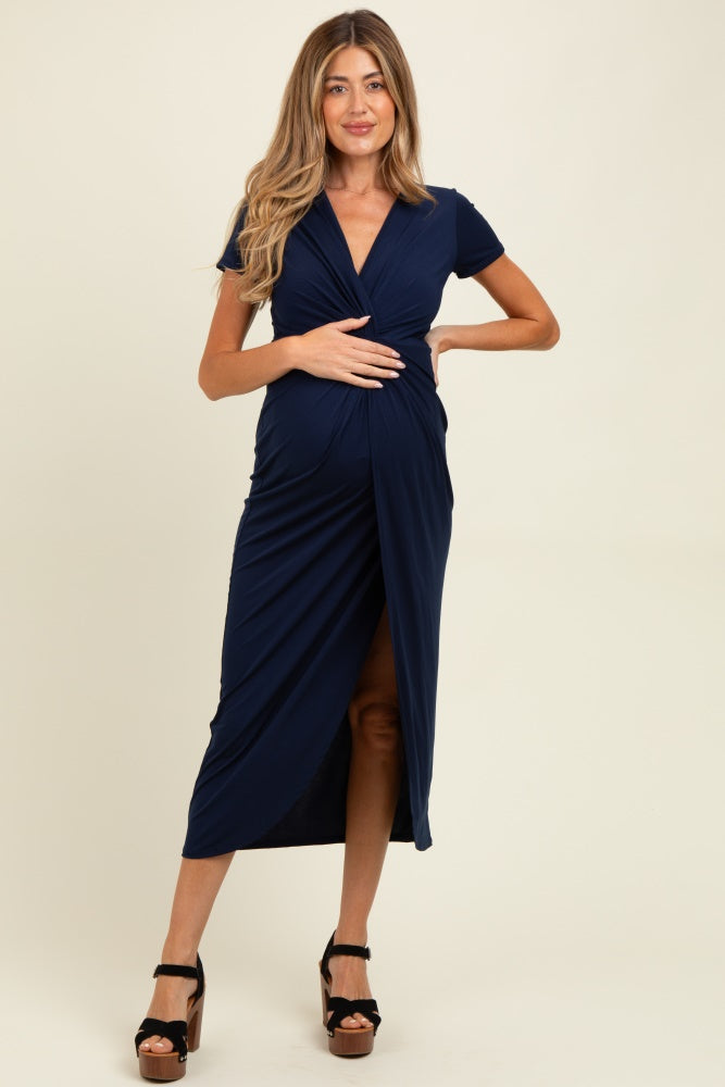 Navy Gathered Front Short Sleeve Maternity Maxi Dress