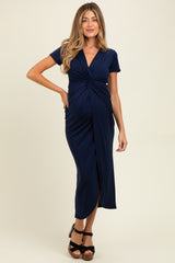 Navy Gathered Front Short Sleeve Maternity Maxi Dress