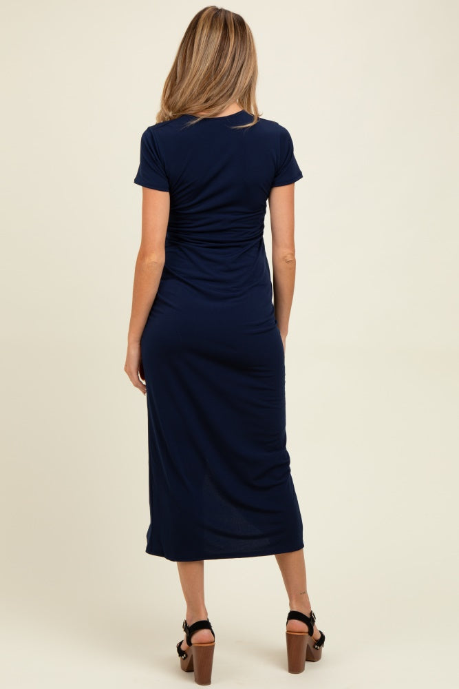 Navy Gathered Front Short Sleeve Maternity Maxi Dress PinkBlush Navy Gathered Front Short Sleeve Maternity Maxi Dress PinkBlush