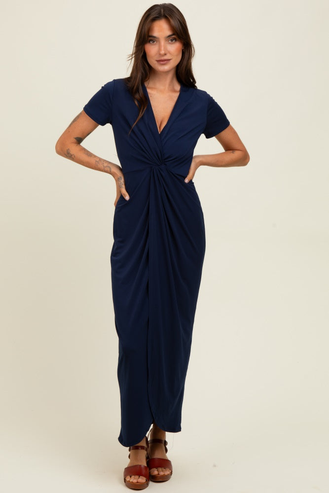 Navy Gathered Front Short Sleeve Maxi Dress