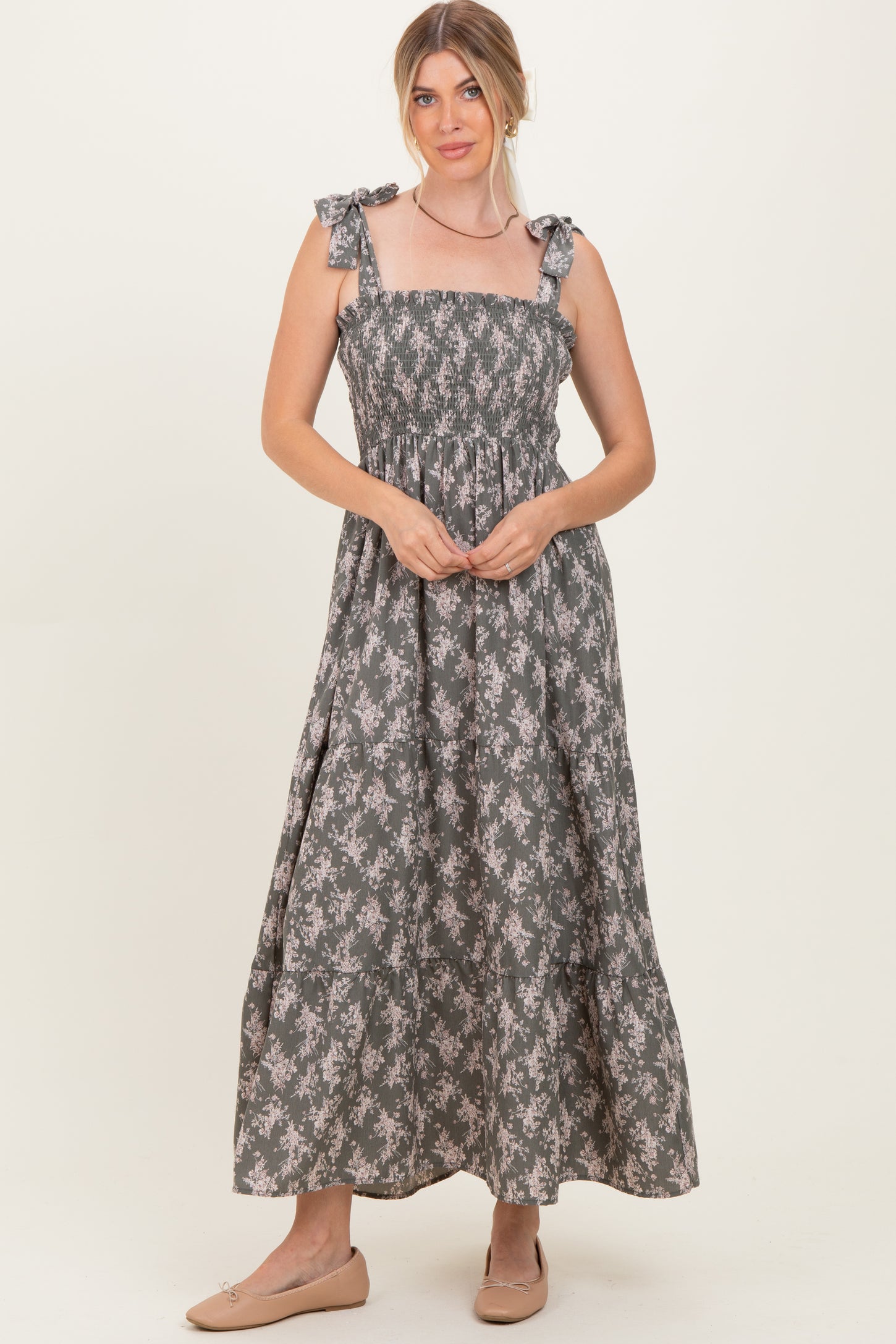 Light Olive Floral Shoulder Tie Maxi Dress