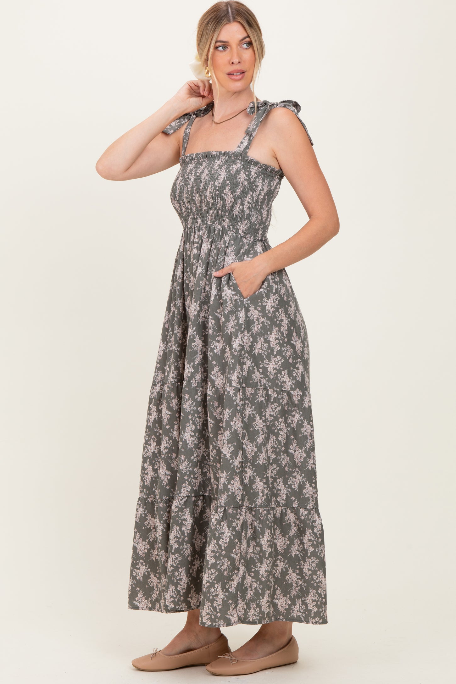 Light Olive Floral Shoulder Tie Maxi Dress