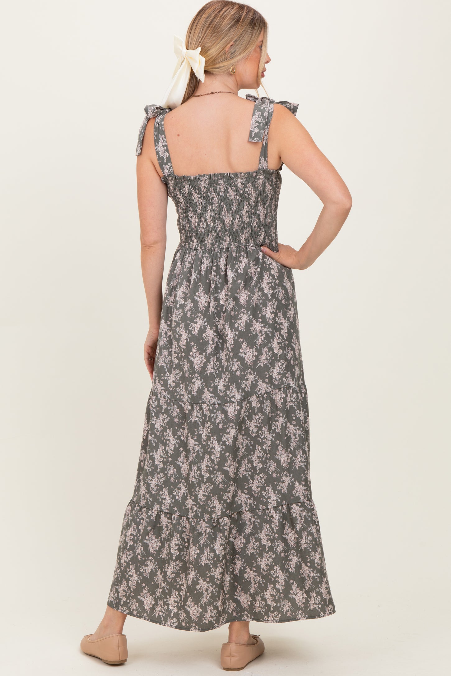 Light Olive Floral Shoulder Tie Maxi Dress