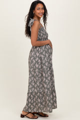Light Olive Floral Shoulder Tie Maternity Maxi Dress