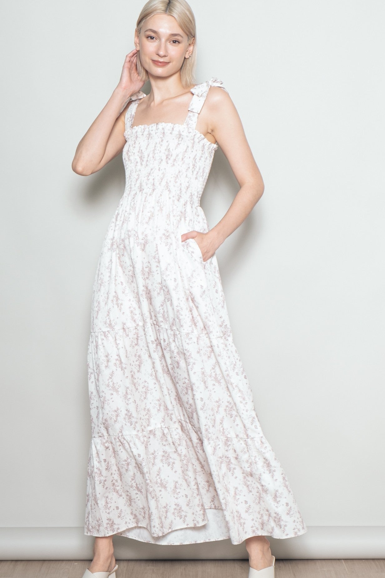 Ivory Floral Shoulder Tie Maternity Maxi Dress