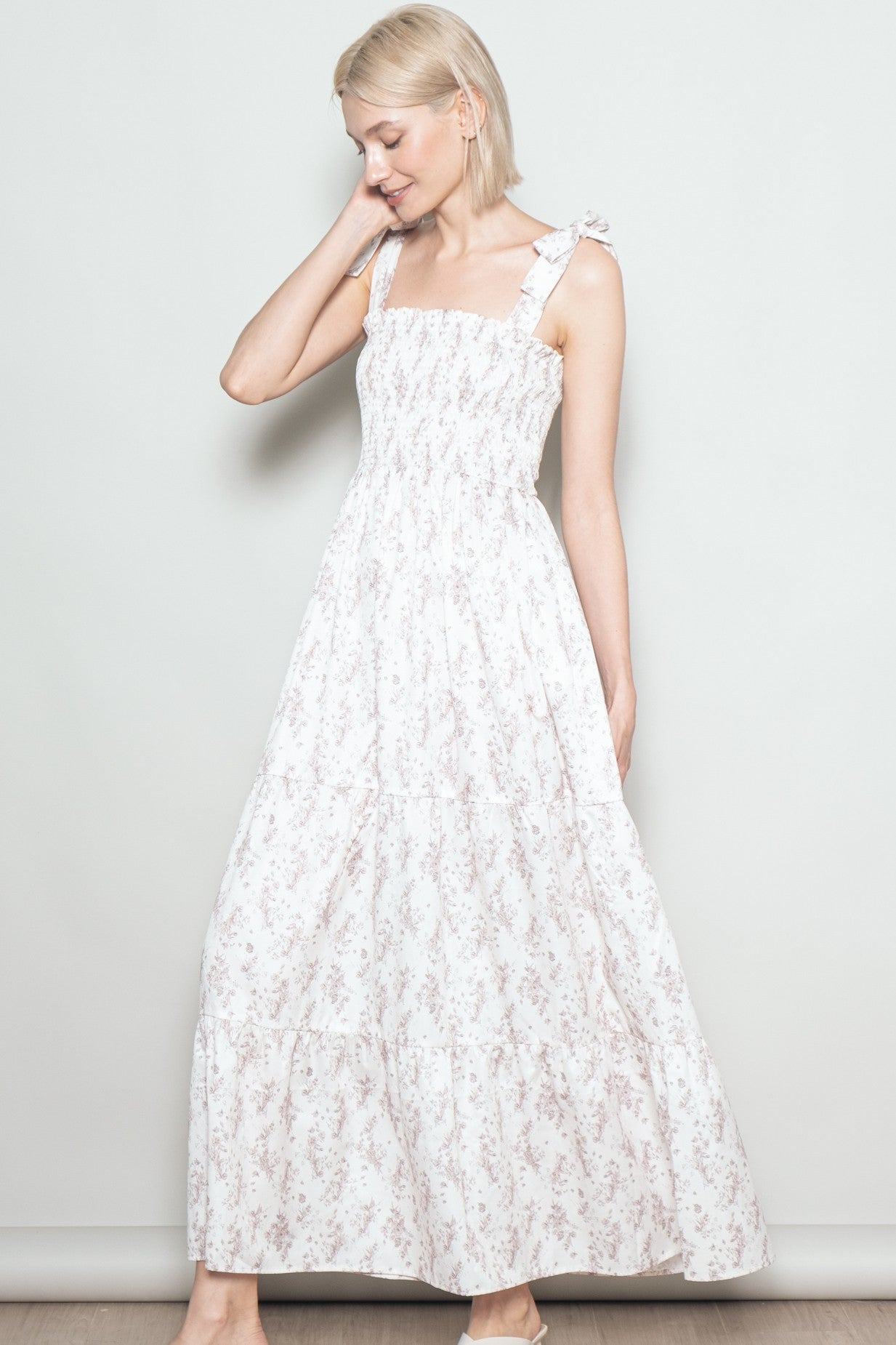 Ivory Floral Shoulder Tie Maxi Dress