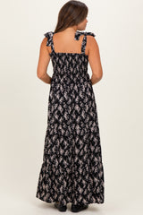 Black Floral Shoulder Tie Maternity Maxi Dress