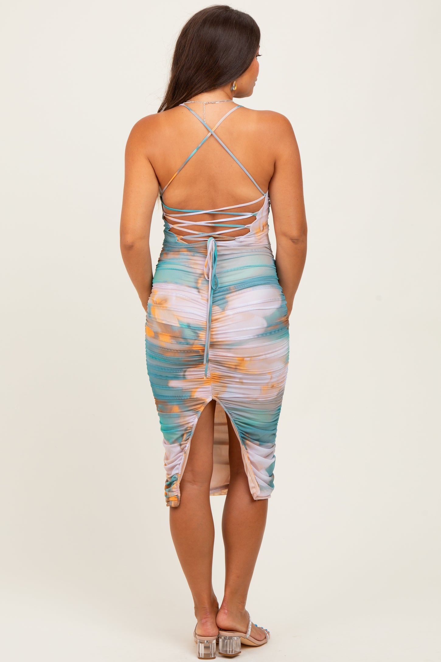 Jade Floral Mesh Ruched Crisscross Back Maternity Midi Dress