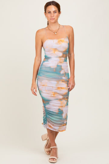 Jade Floral Mesh Ruched Crisscross Back Midi Dress