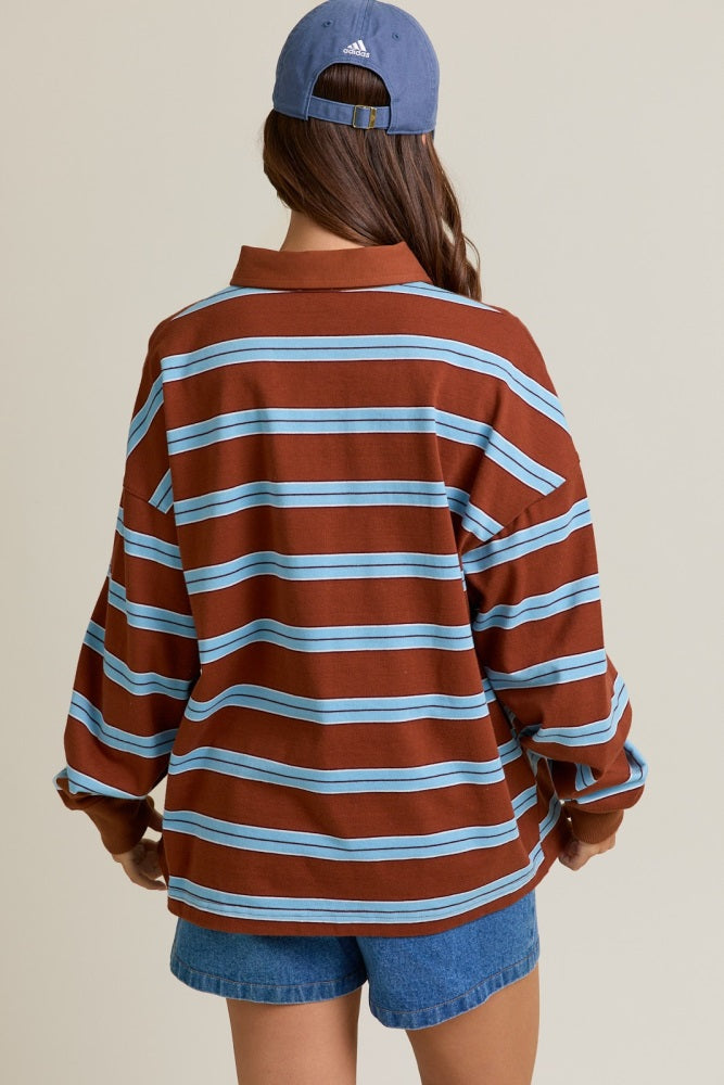 Brown Striped Oversized Long Sleeve Polo Top