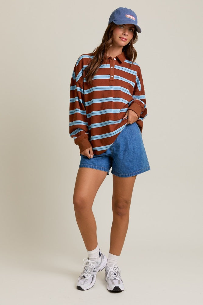 Brown Striped Oversized Long Sleeve Polo Top