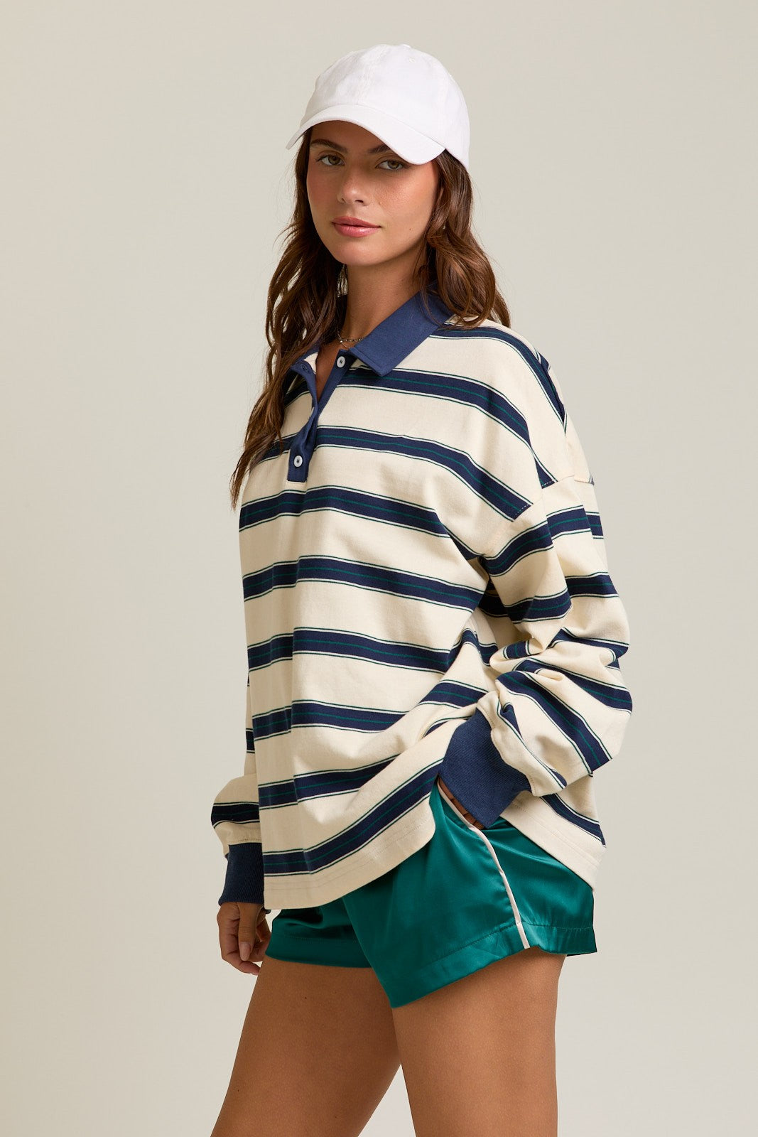 Cream Striped Oversized Long Sleeve Polo Top