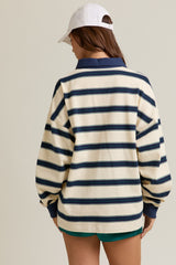 Cream Striped Oversized Long Sleeve Polo Top