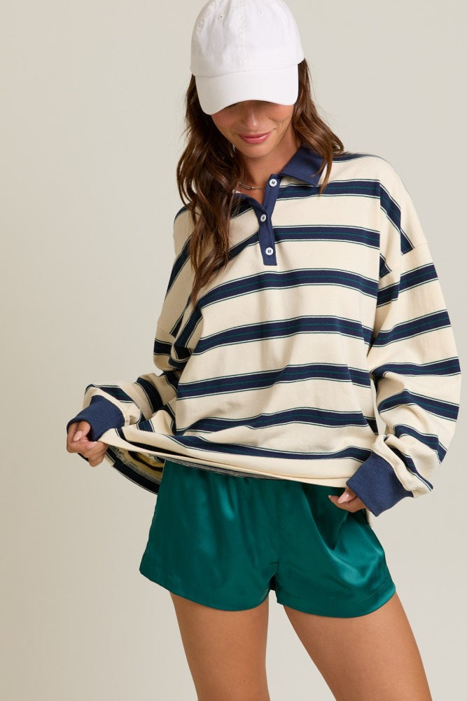 Cream Striped Oversized Long Sleeve Maternity Polo Top
