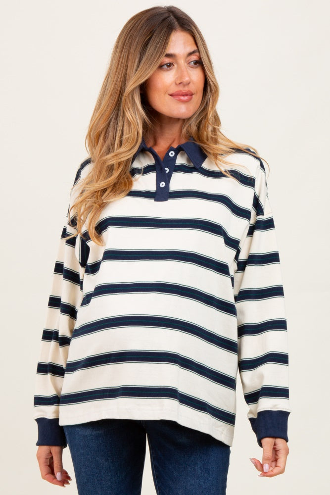Cream Striped Oversized Long Sleeve Maternity Polo Top