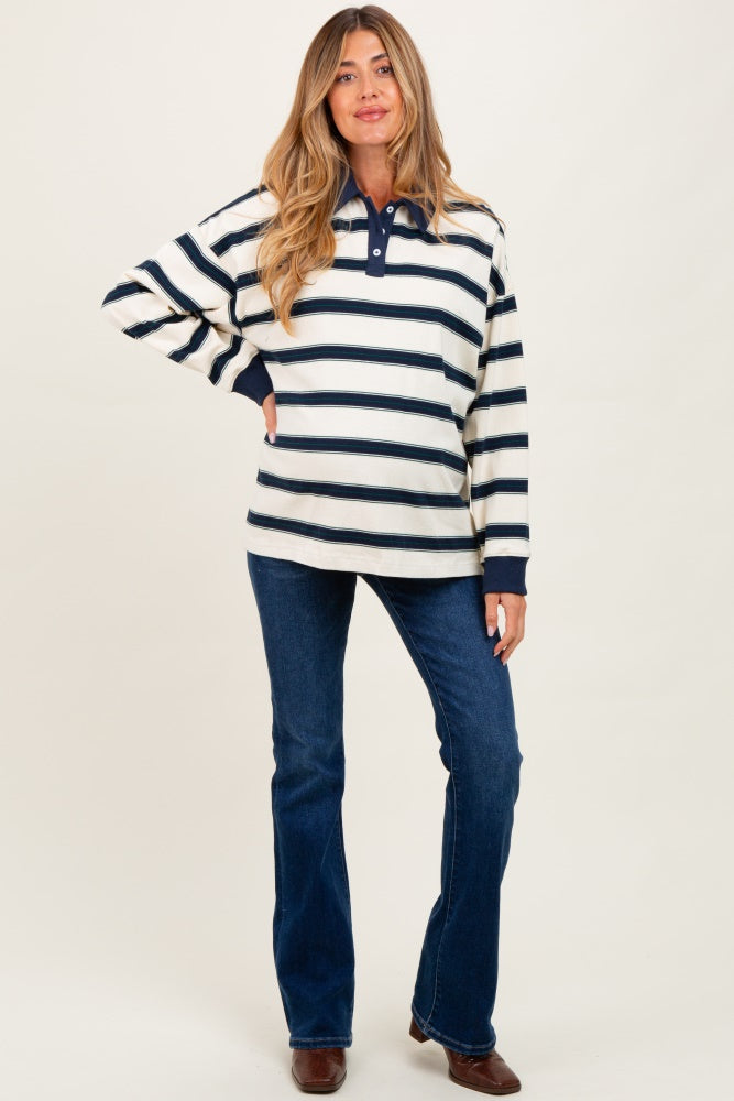 Cream Striped Oversized Long Sleeve Maternity Polo Top