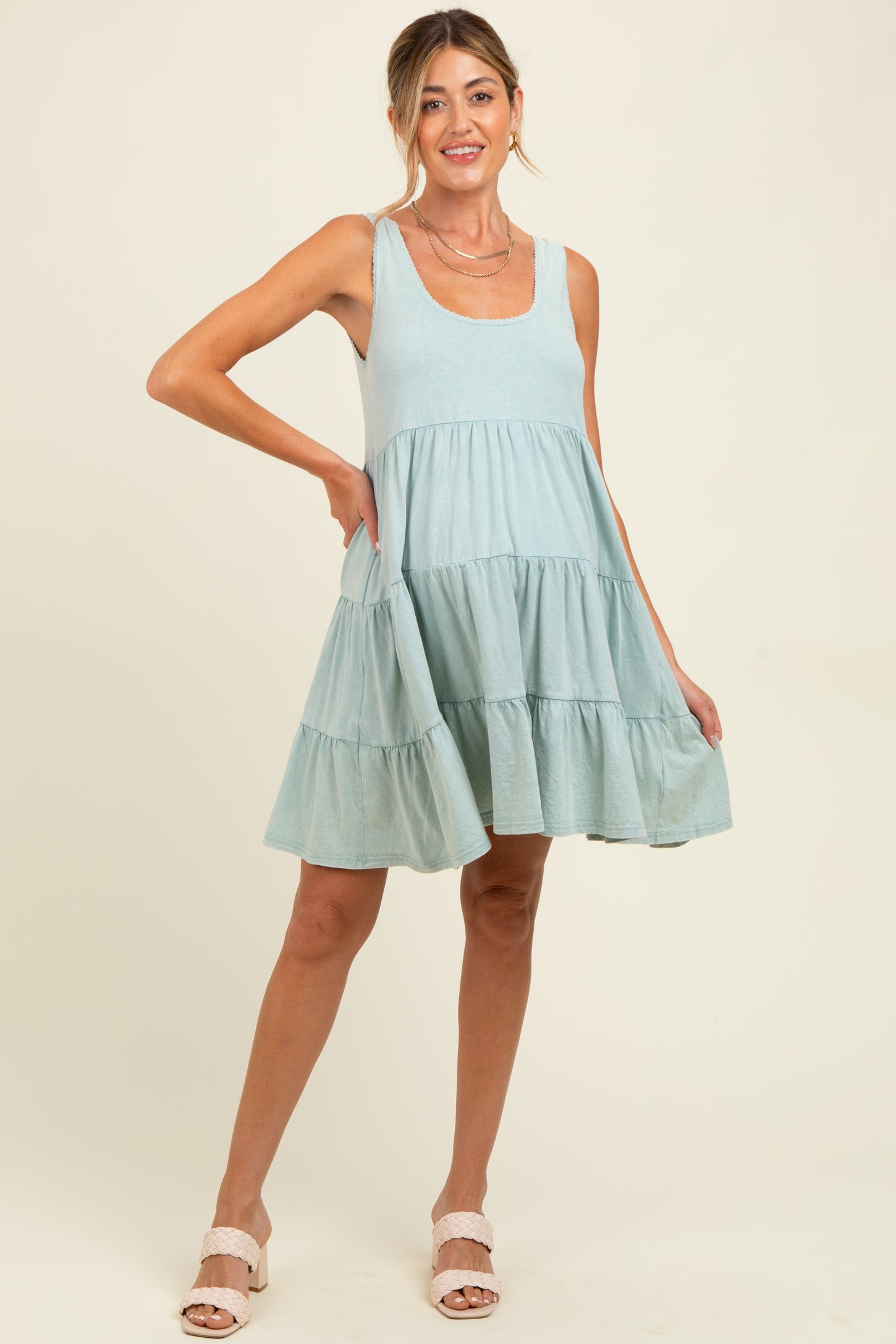 Mint Lace Trim Washed Cotton Maternity Tank Dress